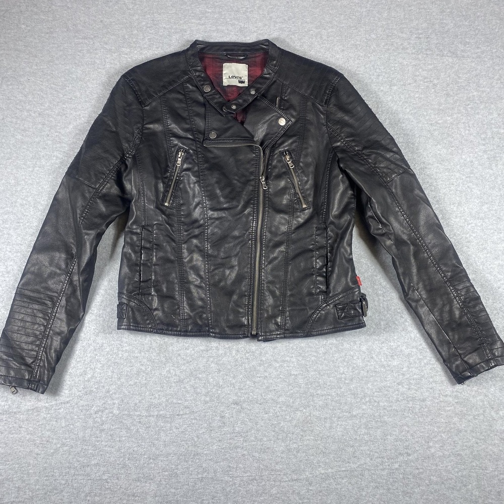 Levis Jacket Womens Large Black Faux Leather Moto Biker Zip Pockets Asymmetrical
